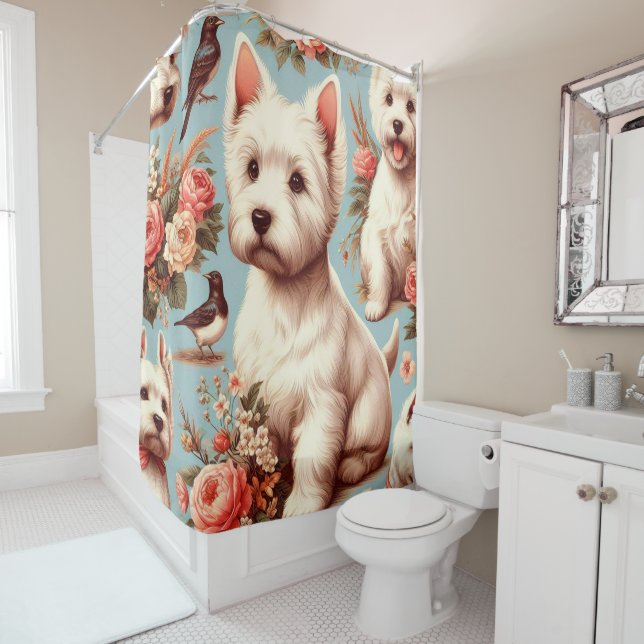 Vintage Cute West Highland White Terrier Shower Curtain (In Situ)