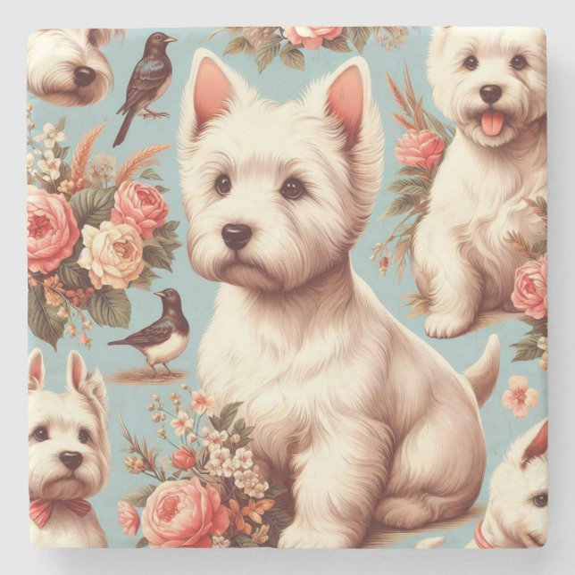 Vintage Cute West Highland White Terrier Stone Coaster (Front)