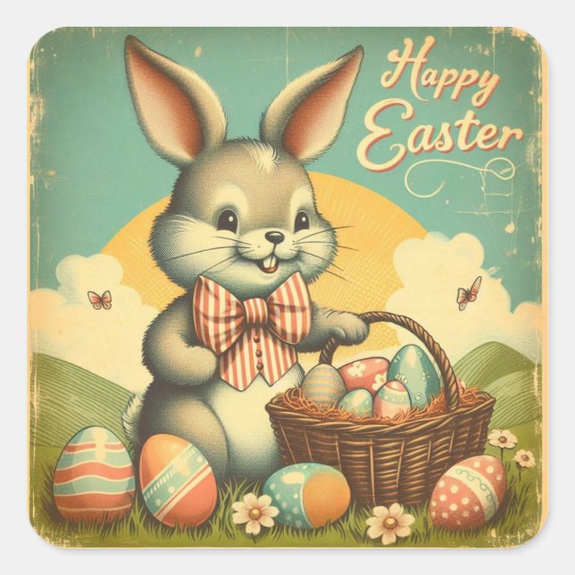 Vintage, Cute, whimsical & colourful Easter bunny Square Sticker (Front)