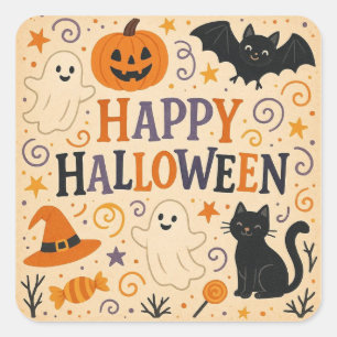 Vintage, cute whimsical Happy Halloween Square Sticker