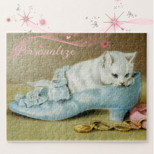 Vintage cute white kitten in a blue satin shoe jigsaw puzzle