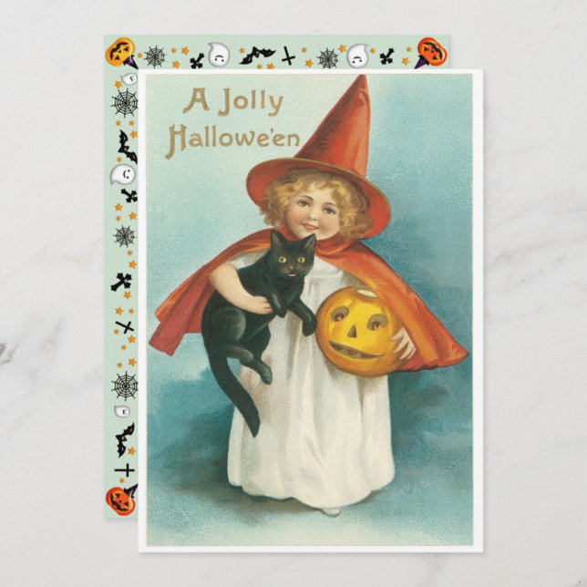 Vintage Cute Witch With Cat Halloween Invitation (Front/Back)