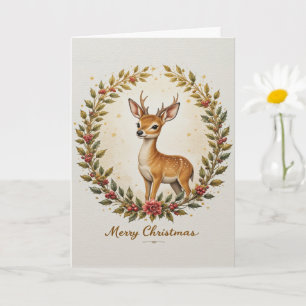 Vintage Cute Woodland Reindeer Wreath Christmas Card