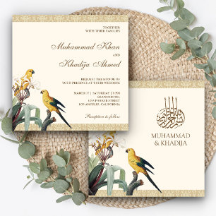 Vintage Cute Yellow Parrots Islamic Muslim Wedding Invitation