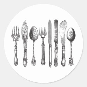 Vintage Cutlery Black White Fork Spoon Knife 1800s Classic Round Sticker