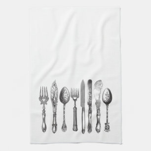 Vintage Cutlery Black White Fork Spoon Knife 1800s Tea Towel
