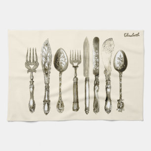 Vintage Cutlery Dining Set various antique knives, Tea Towel