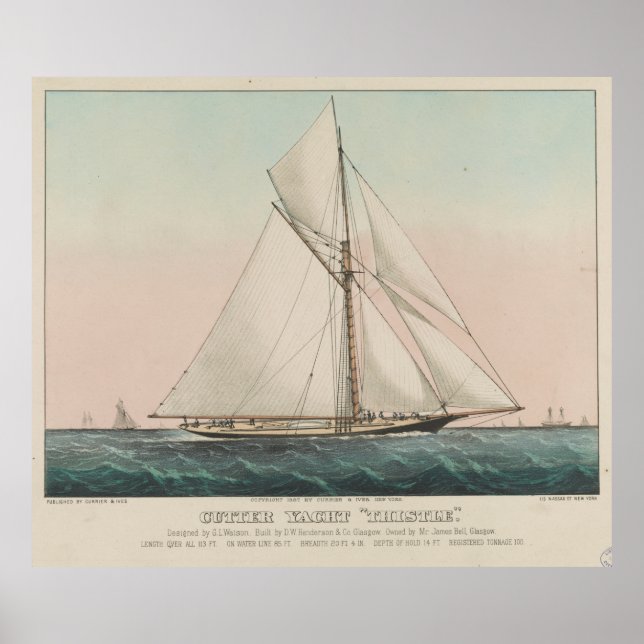 Vintage Cutter Sailing Yacht Illustration (1887) Poster (Front)
