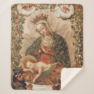 Vintage Cuzco School Virgin Adoring Christ Child Sherpa Blanket