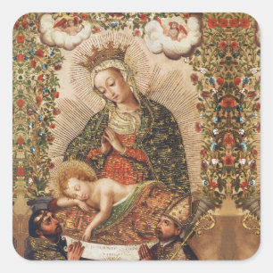 Vintage Cuzco School Virgin Adoring Christ Child Square Sticker