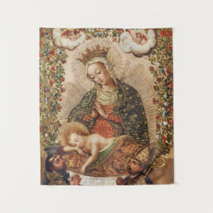 Vintage Cuzco School Virgin Adoring Christ Child Tapestry