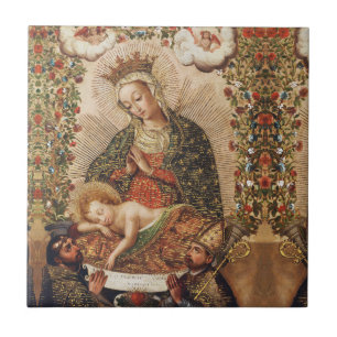 Vintage Cuzco School Virgin Adoring Christ Child Tile