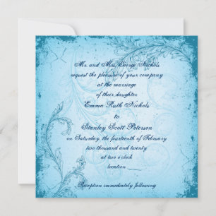 Vintage cyan blue scroll leaf invitation
