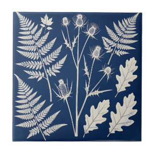 Vintage Cyanotype Fern Teasel Oak Botanical Tile