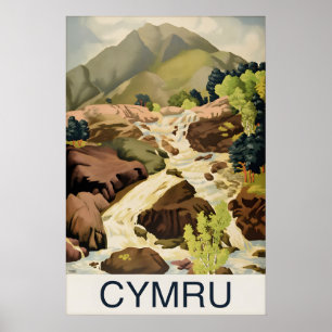 Vintage Cymru Wales Travel Poster Print, Mountain