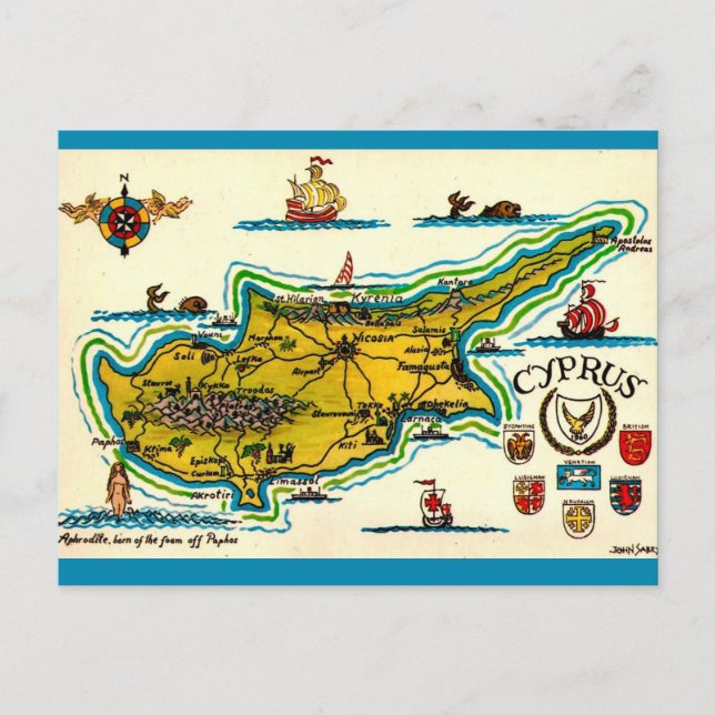 Vintage Cyprus Map Postcard (Front)