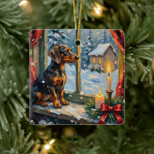 Vintage Dachshund by Cozy Christmas Window Ceramic Ornament