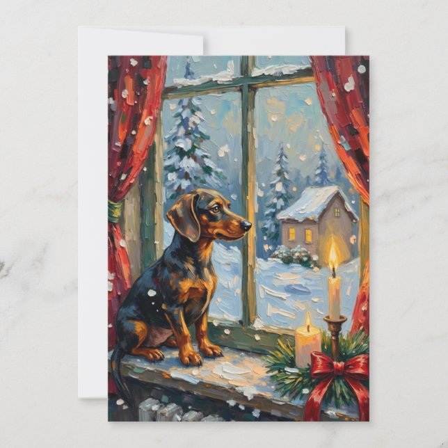 Vintage Dachshund by Cozy Christmas Window Holiday Card (Front)