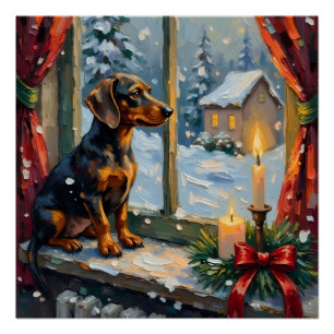 Vintage Dachshund by Cozy Christmas Window Poster
