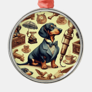 Vintage Dachshund Illustration Metal Tree Decoration