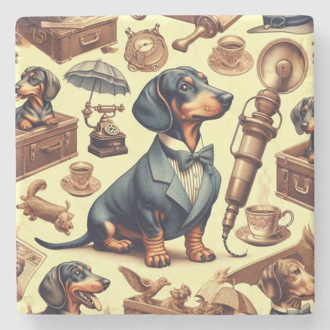 Vintage Dachshund Illustration Stone Coaster (Front)
