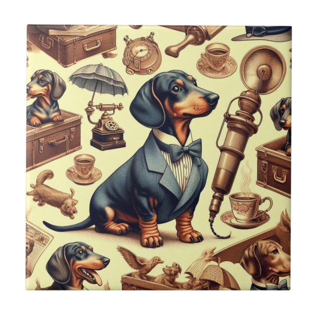Vintage Dachshund Illustration Tile (Front)