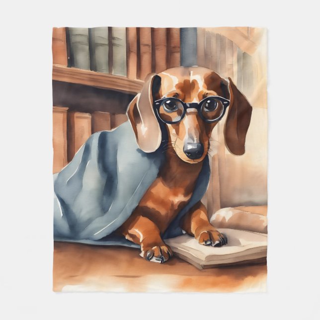 Vintage Dachshund in the Old Library Fleece Blanket (Front)