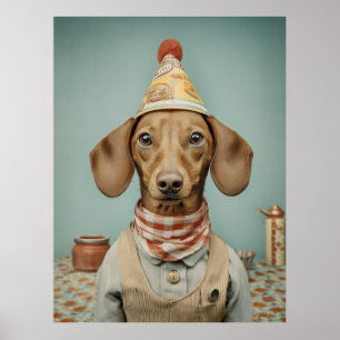 Vintage Dachshund Portrait with Party Hat Poster