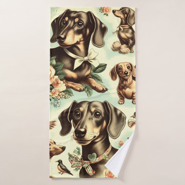 Vintage Dachshund Seamless Painting Bath Towel (Bath Towel)