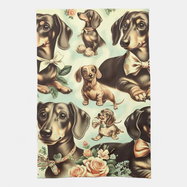 Vintage Dachshund Seamless Painting Tea Towel (Vertical)