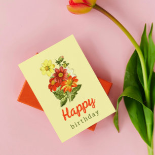 Vintage Dahlia Floral Yellow Orange Birthday Postcard