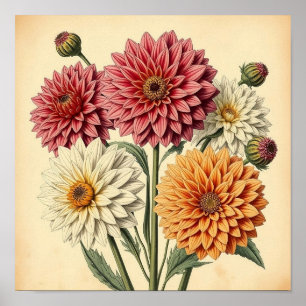 Vintage Dahlias on Weathered Paper Poster