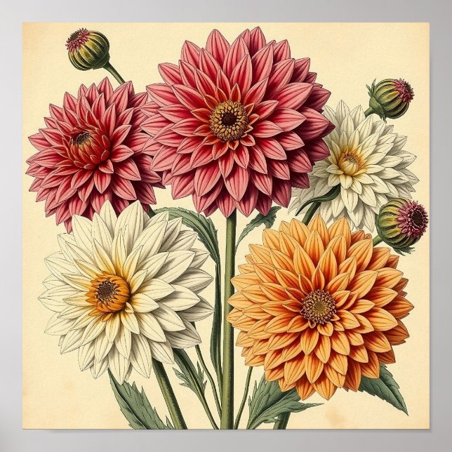 Vintage Dahlias on Weathered Paper Poster (Front)