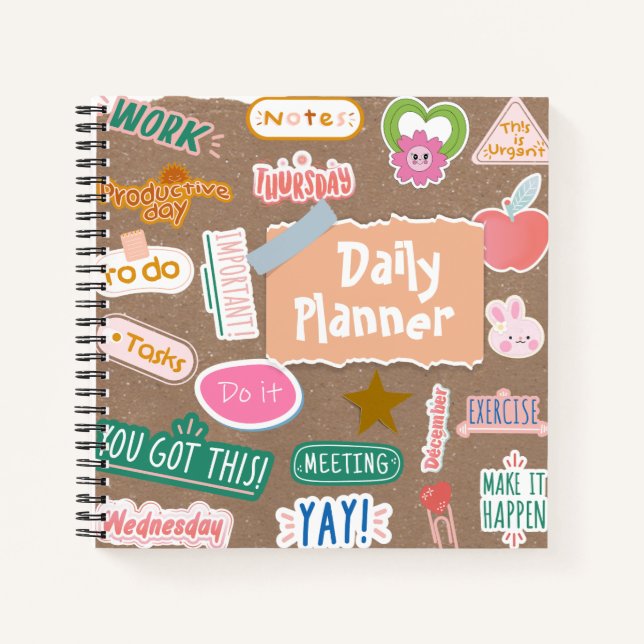 Vintage Daily Planner with stickers, customisable. Notebook (Front)