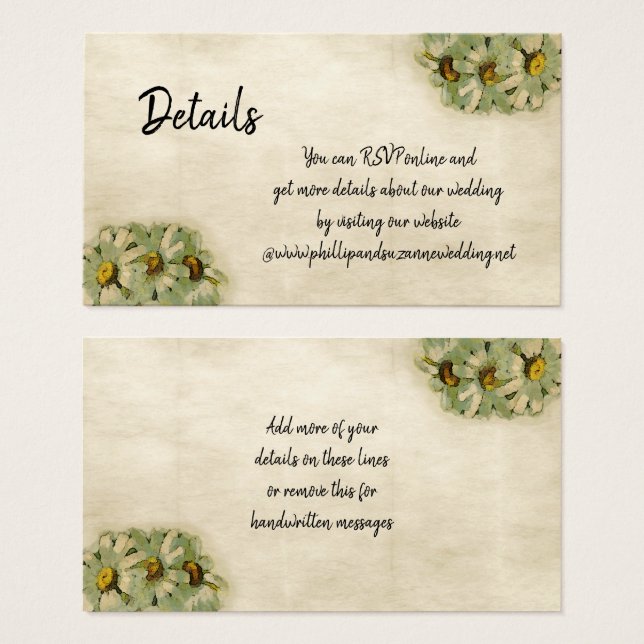Vintage Daisies Floral Wedding Details Card (Front & Back)