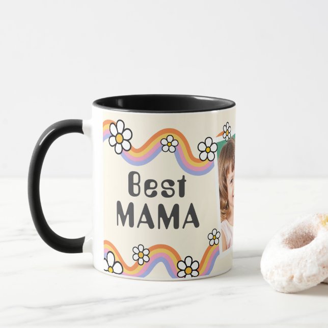 Vintage Daisy Boho Rainbow Personalised Photo Mug (With Donut)