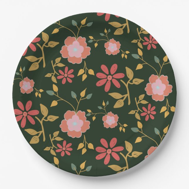 Vintage Daisy Floral Dark Green Paper Plate (Front)