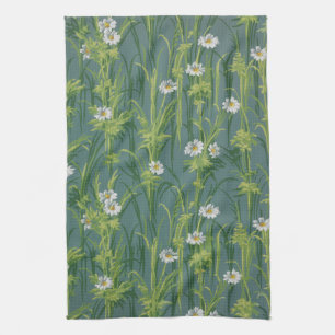 Vintage Daisy Floral on Teal Grey Pin-stripes Tea Towel
