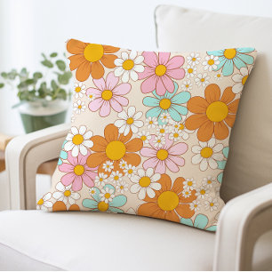 Vintage Daisy Floral Pillow, Retro Flower  Cushion