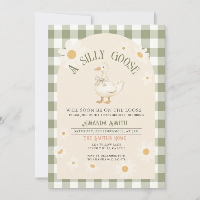 Vintage Daisy Green Goose Baby Shower  Invitation (Front)