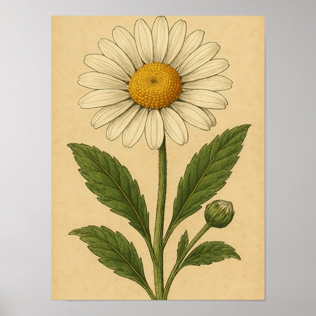 Vintage Daisy on Weathered Paper Poster (Front)