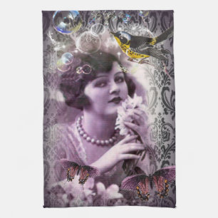 Vintage damask 1920s Paris Lady Flapper Girl Tea Towel