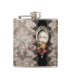 Vintage Damask and Roses Hip Flask