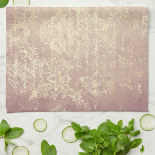 Vintage damask and script gold pink distressed tea towel