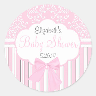 Vintage Damask and Stripes-Pink Baby Shower Classic Round Sticker