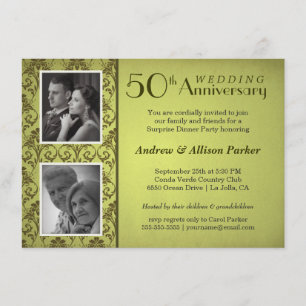 Vintage Damask Anniversary Double Photo Invitation