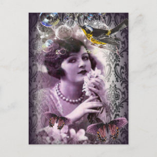 Vintage damask art deco gatsby Flapper Girl Postcard