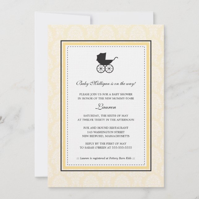 Vintage Damask Baby Carriage Baby Shower Invitation (Front)