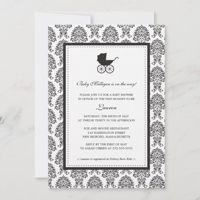 Vintage Damask Baby Carriage Baby Shower Invitation (Front)