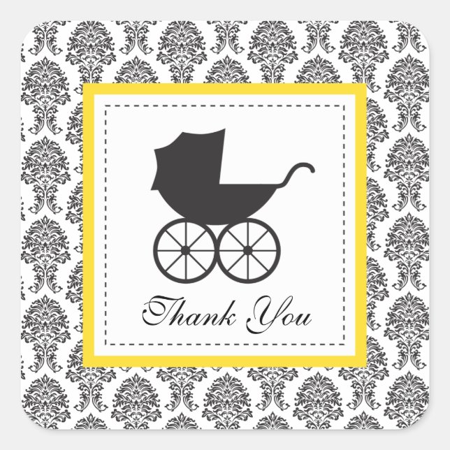 Vintage Damask Baby Carriage Baby Shower Square Sticker (Front)